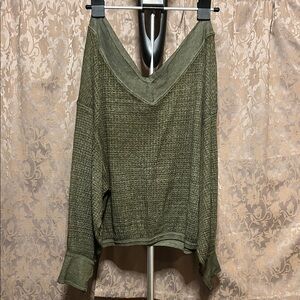 We The Free Olive Off-the-Shoulder Waffle Knit Sweater